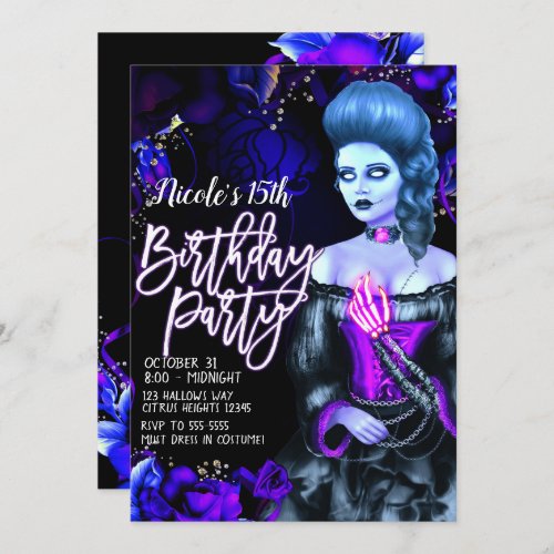 Glowing Dead Girl Purple Roses Birthday Party Invitation