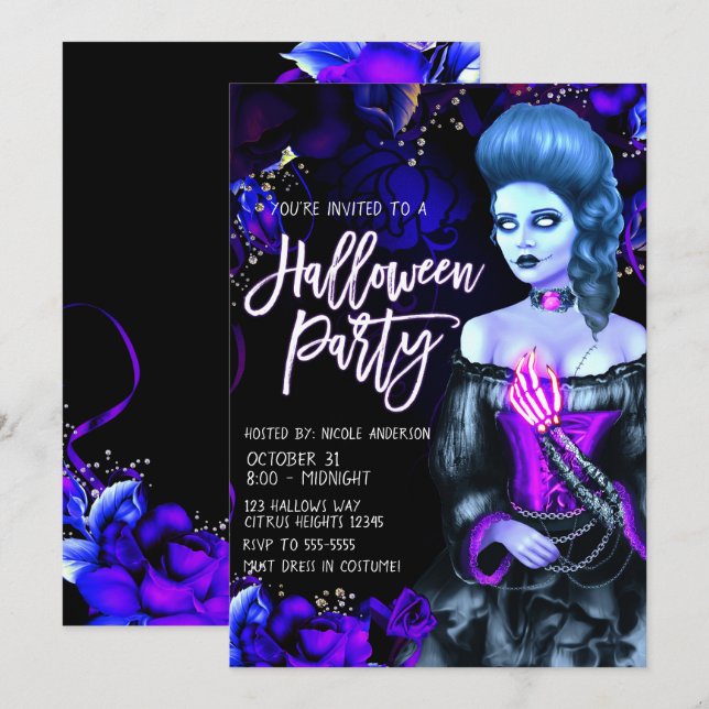 Glowing Dead Girl Purple Roses Halloween Party Invitation (Front/Back)