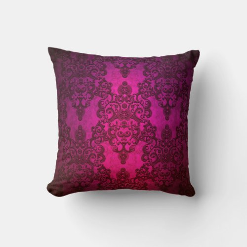 Glowing Deep Pink Damask Pattern Throw Pillow