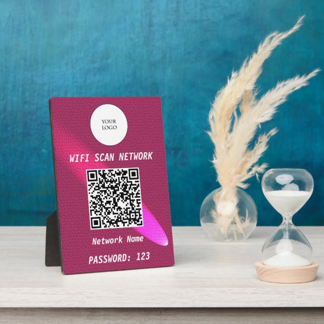 Glowing Deep Pink Leather Free Wifi Scan & QR Code Plaque (Side)