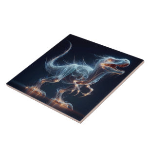 Glowing Dinosaur in Mystical Environment at Night Ceramic Tile