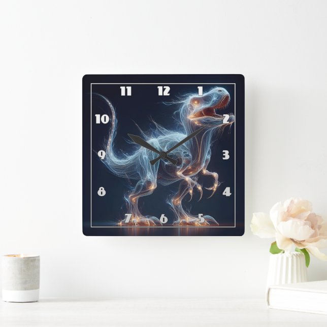Glowing Dinosaur in Mystical Environment at Night Square Wall Clock (Home)