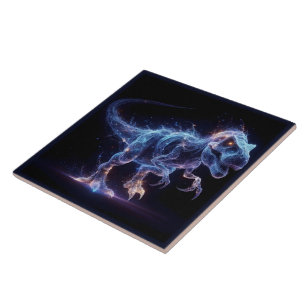 Glowing Dinosaur Roaming in a Starry Background Ceramic Tile