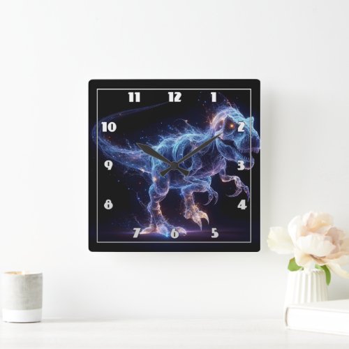 Glowing Dinosaur Roaming in a Starry Background Square Wall Clock