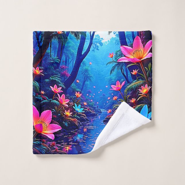 Glowing Ethereal Jungle Oasis Design Bath Towel Set (Wash Cloth)