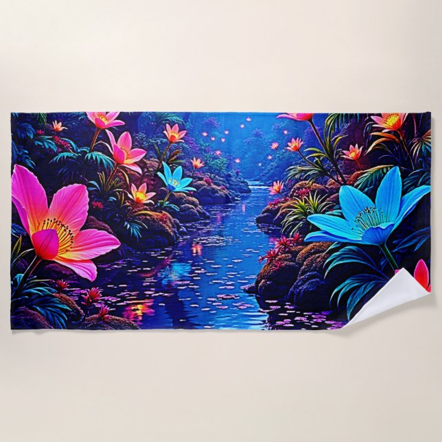 Glowing Ethereal Jungle Oasis Design Beach Towel (Front)