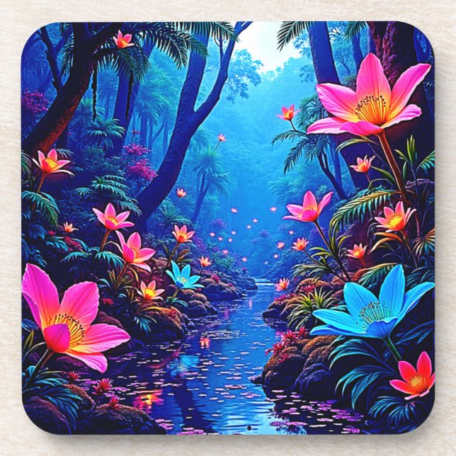 Glowing Ethereal Jungle Oasis Design Beverage Coaster (Front)