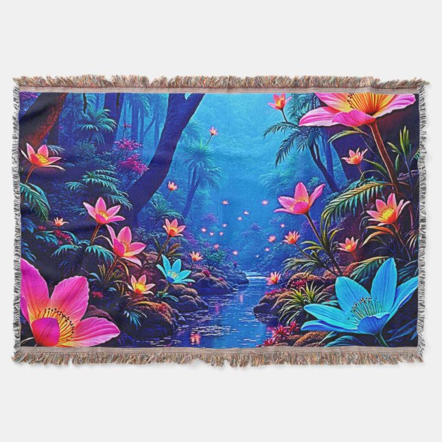 Glowing Ethereal Jungle Oasis Design Throw Blanket (Front)