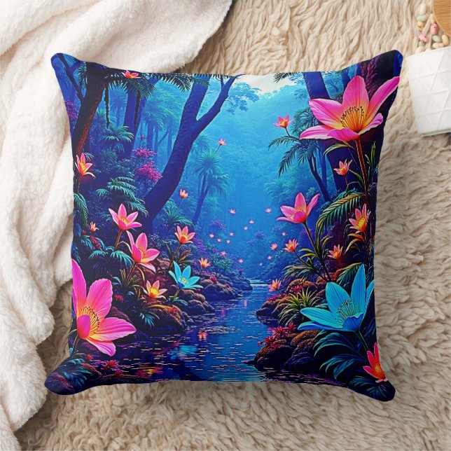 Glowing Ethereal Jungle Oasis Design Throw Pillow (Blanket)