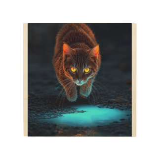 Glowing Eyes Cat Aesthetic Wildlife Ilustration Wood Wall Art