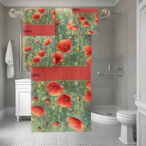 Glowing field of red poppies personalizable  bath towel set