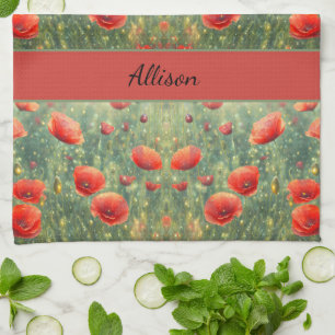 Glowing field of red poppies, personalizable  kitchen towel