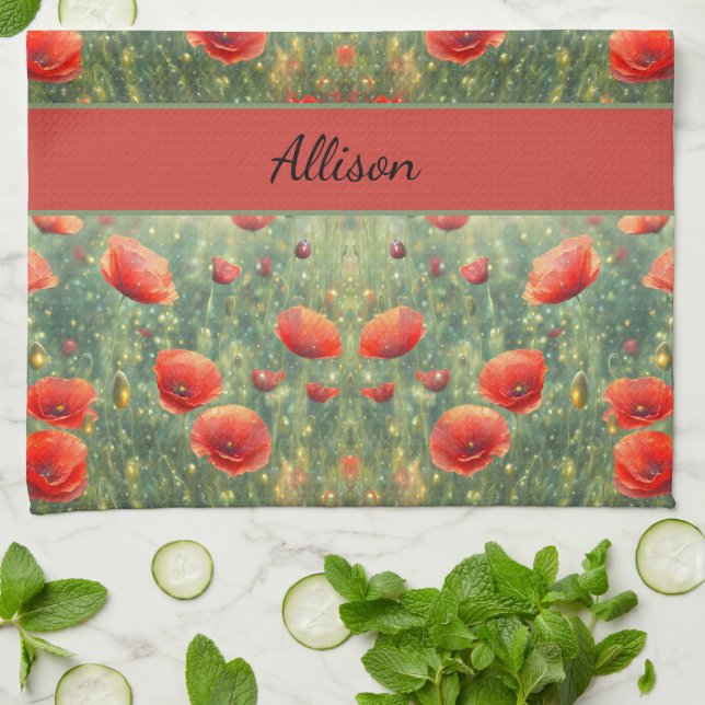 Glowing field of red poppies, personalizable  kitchen towel (Folded)