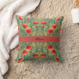 Glowing field of red poppies, personalizable throw pillow