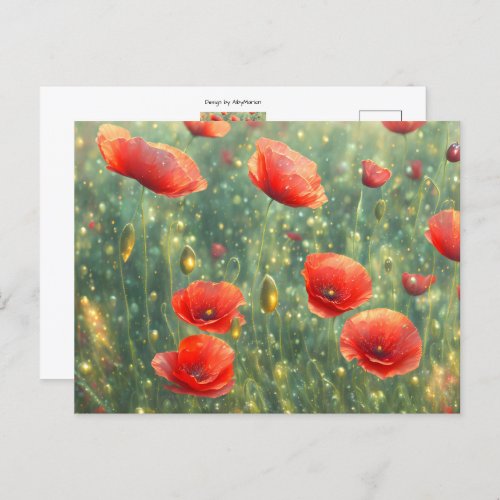 Glowing field of red poppies postcard