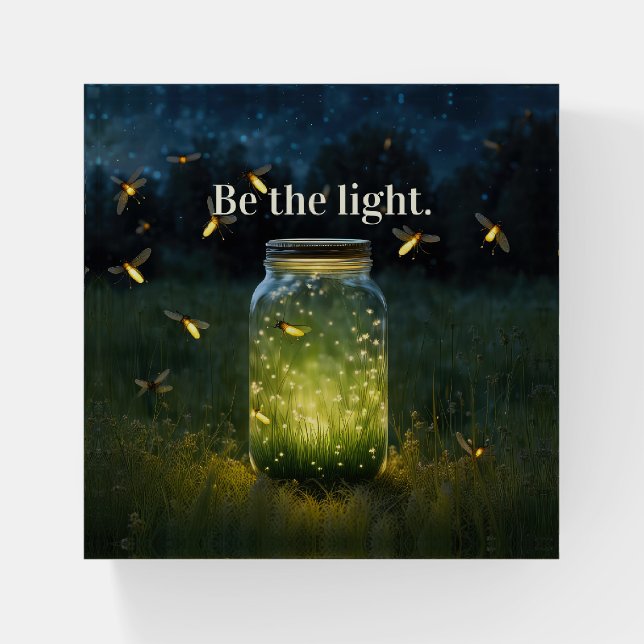 Glowing Fireflies In Glass Jar Paperweight (Front)