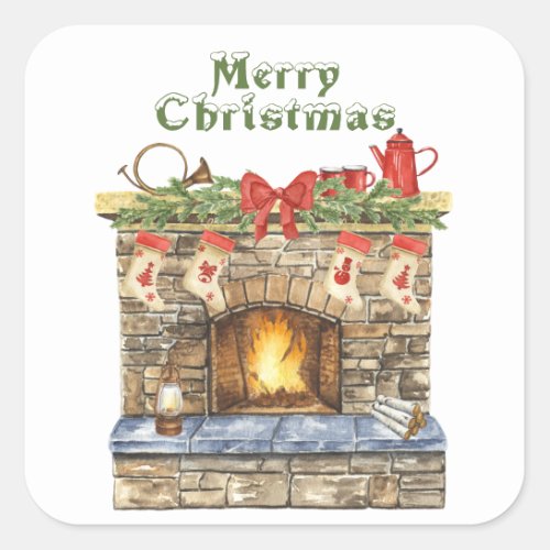 Glowing Fireplace Christmas Square Sticker
