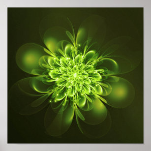 Glowing Flower Fractal Sparkles Green Poster