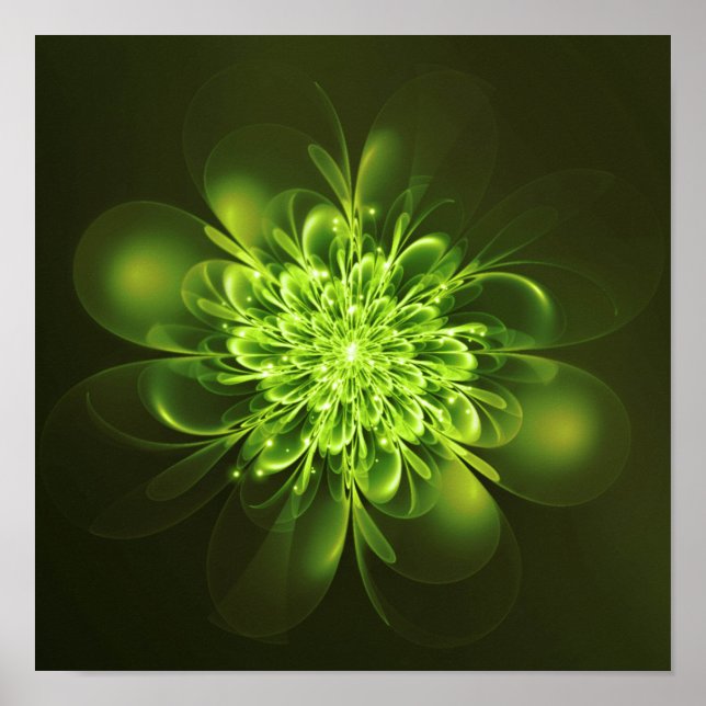 Glowing Flower Fractal Sparkles Green Poster (Front)