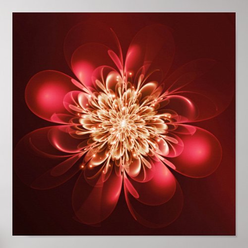 Glowing Flower Fractal Sparkles Red Poster