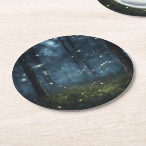Glowing Forest Fireflies Round Paper Coaster