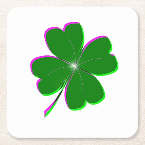Glowing Four Leaf Clover Square Paper Coaster