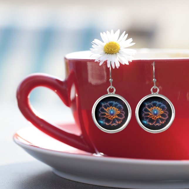 Glowing Fractal Flower Luminous Blue Orange Dangle Earrings (Creator Uploaded)