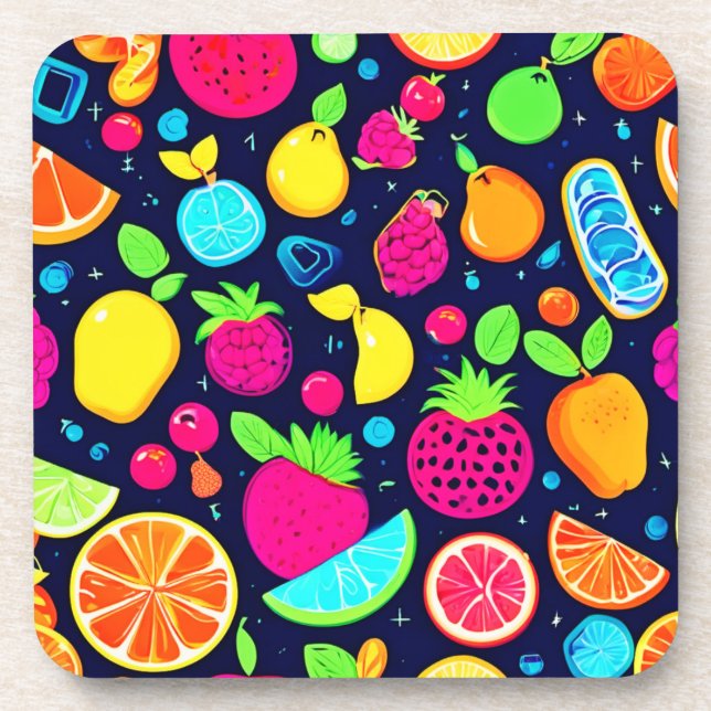Glowing Fruit Mosaic Design Beverage Coaster (Front)