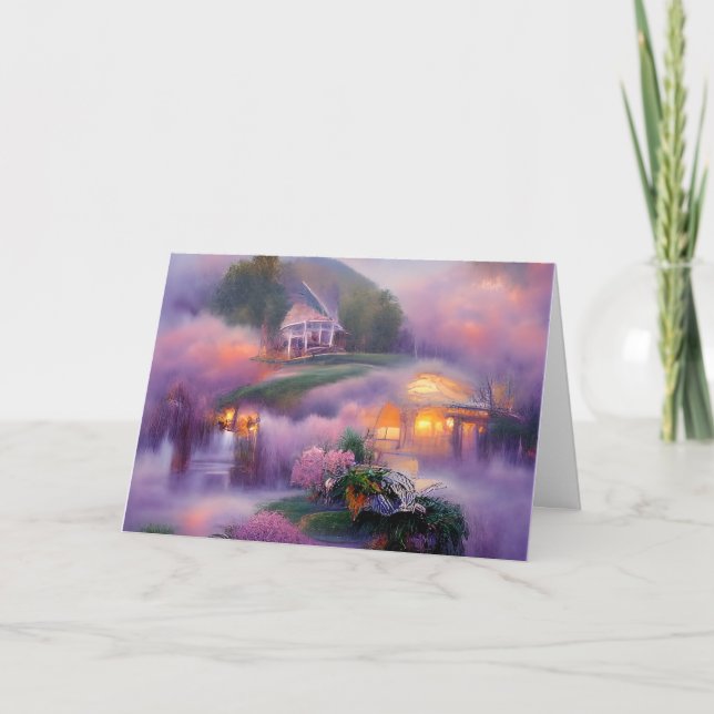 Glowing Gazebo and Purple wisteria at the pond Card (Front)