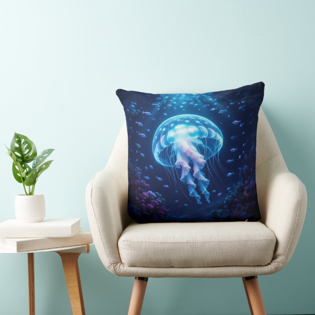 Glowing Giant Jellyfish in Ocean Depths Throw Pillow (Chair)