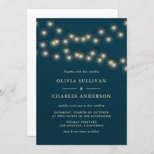 Glowing Globe String Lights Rustic Teal Wedding Invitation