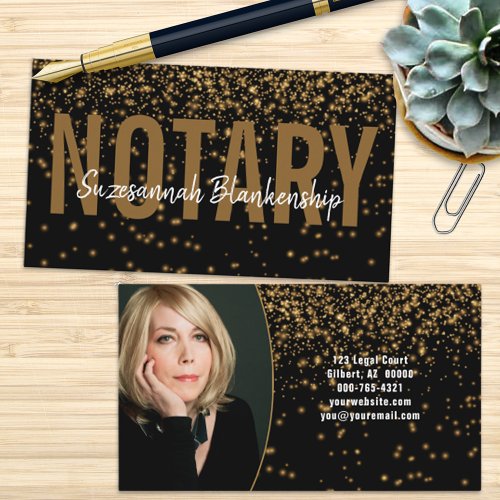  Glowing Gold Glitter On Black Custom Photo Notary Business Card