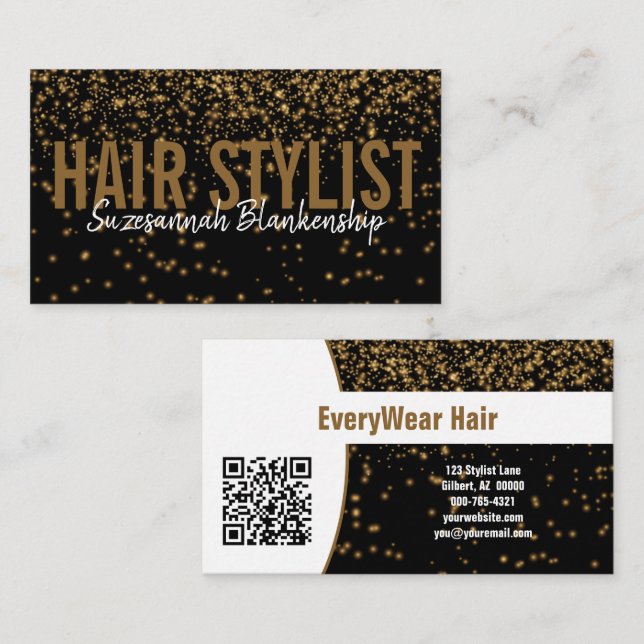 Glowing Gold Glitter Over Black Custom QR Code Business Card (Front/Back)