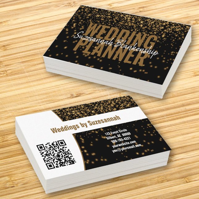  Glowing Gold Glitter Over Black Custom QR Code Business Card (Creator Uploaded)