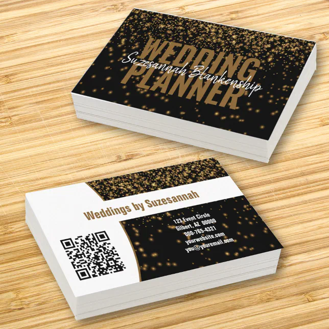Glowing Gold Glitter Over Black Custom QR Code Business Card | Zazzle