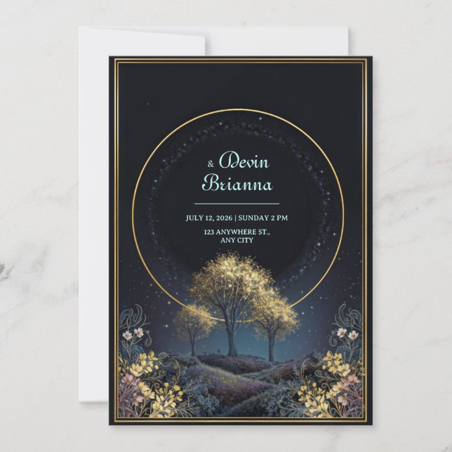 Glowing Gold Halo Midnight Forest Wedding Invitation (Front)