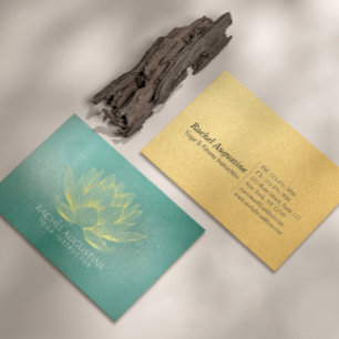 Glowing Gold Lotus and Teal Grunge Yoga Instructor Business Card