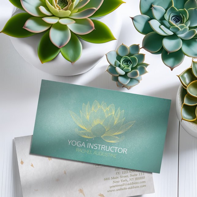 Glowing Gold Lotus and Teal Grunge Yoga Instructor Business Card (Creator Uploaded)