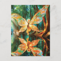 Glowing Golden Fairy Flying through Forest Postcard