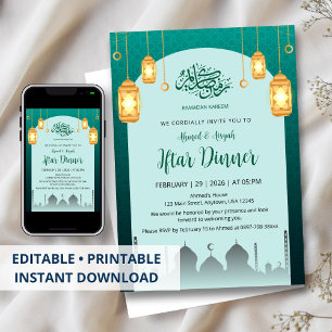 Glowing Golden Lanterns Teal Arch Iftar Invitation