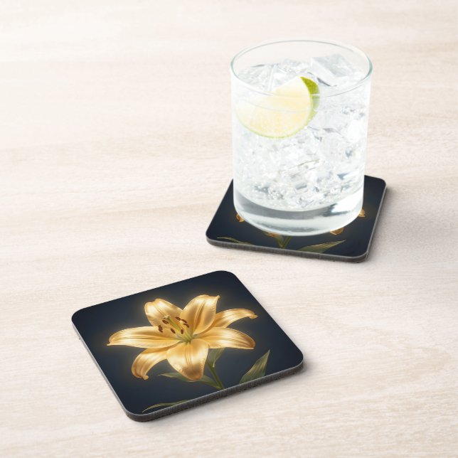 Glowing golden lily flower beverage coaster (Right Side)