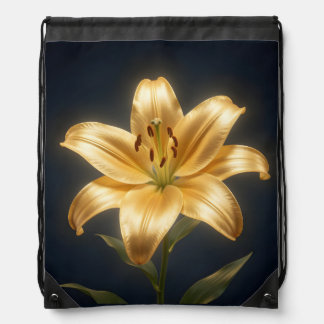 Glowing golden lily flower drawstring bag