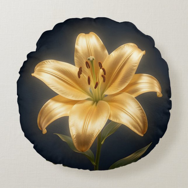 Glowing golden lily flower round pillow (Front)