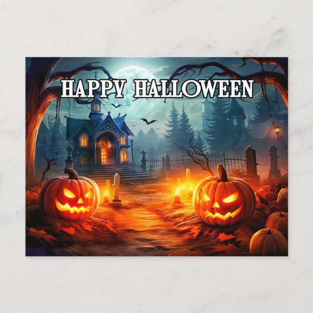 Glowing Graveyard Pumpkins Happy Halloween Postcard (Front)