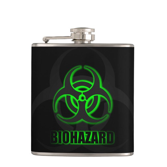 Glowing Green Biohazard Symbol Flask (Front)