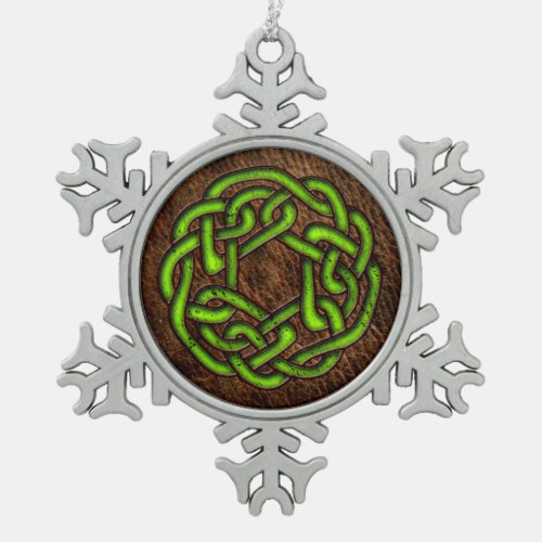 Glowing green celtic knot on leather digital art