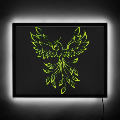 Glowing Green Phoenix Rises on Black  LED Sign