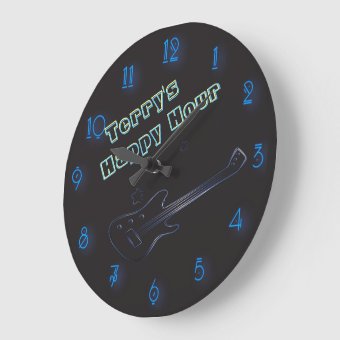 Glowing Guitar Neon Sign Personalized Happy Hour Large Clock | Zazzle