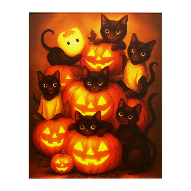 Glowing Halloween Pumpkin with Cute Black Cat Post Acrylic Print (Front)