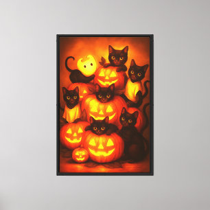 Glowing Halloween Pumpkin with Cute Black Cat Post Canvas Print